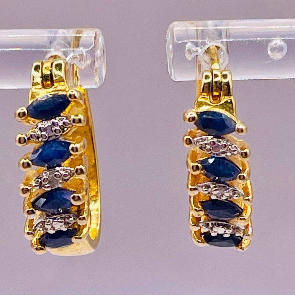 Gold Tone Hoop Earrings with Blue Sapphire and Clear Marquise Stones